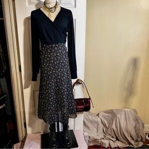 Women’s Chiffon Ditsy Floral Y2K‎ Aline Retro Cottagecore Midi Skirt Black M/L